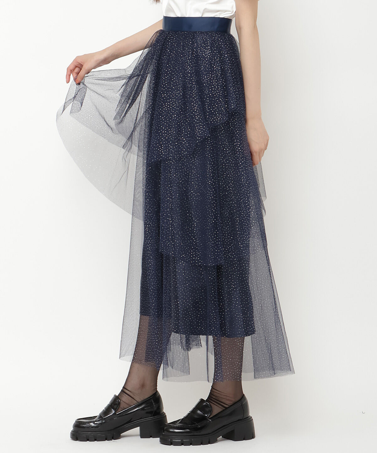 REDYAZEL「ラメチュールアシメティアードスカート」|フレア|