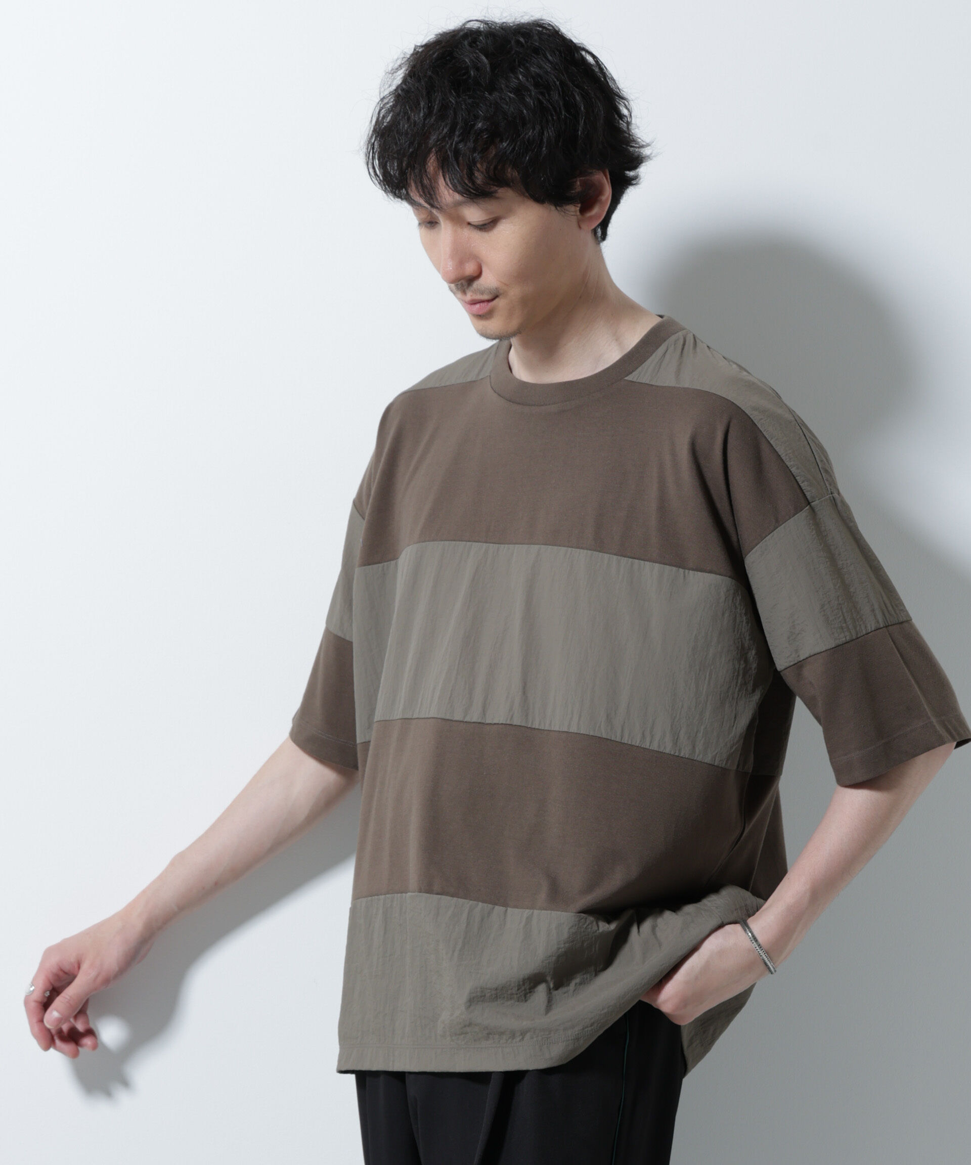 nano･universe「リラックス異素材ボーダーTシャツ 半袖」|Tシャツ・カットソー|カーキ