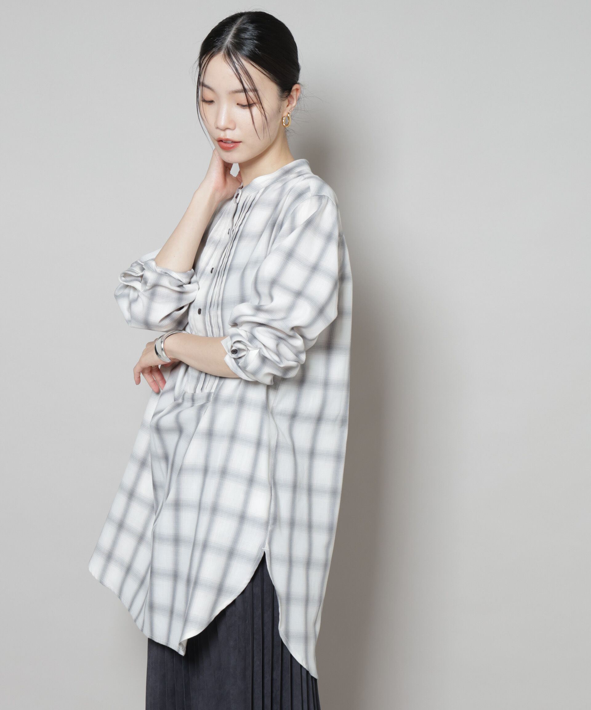 nano･universe「ピンタックデザインチェックプルオーバーブラウス」|シャツ・ブラウス|