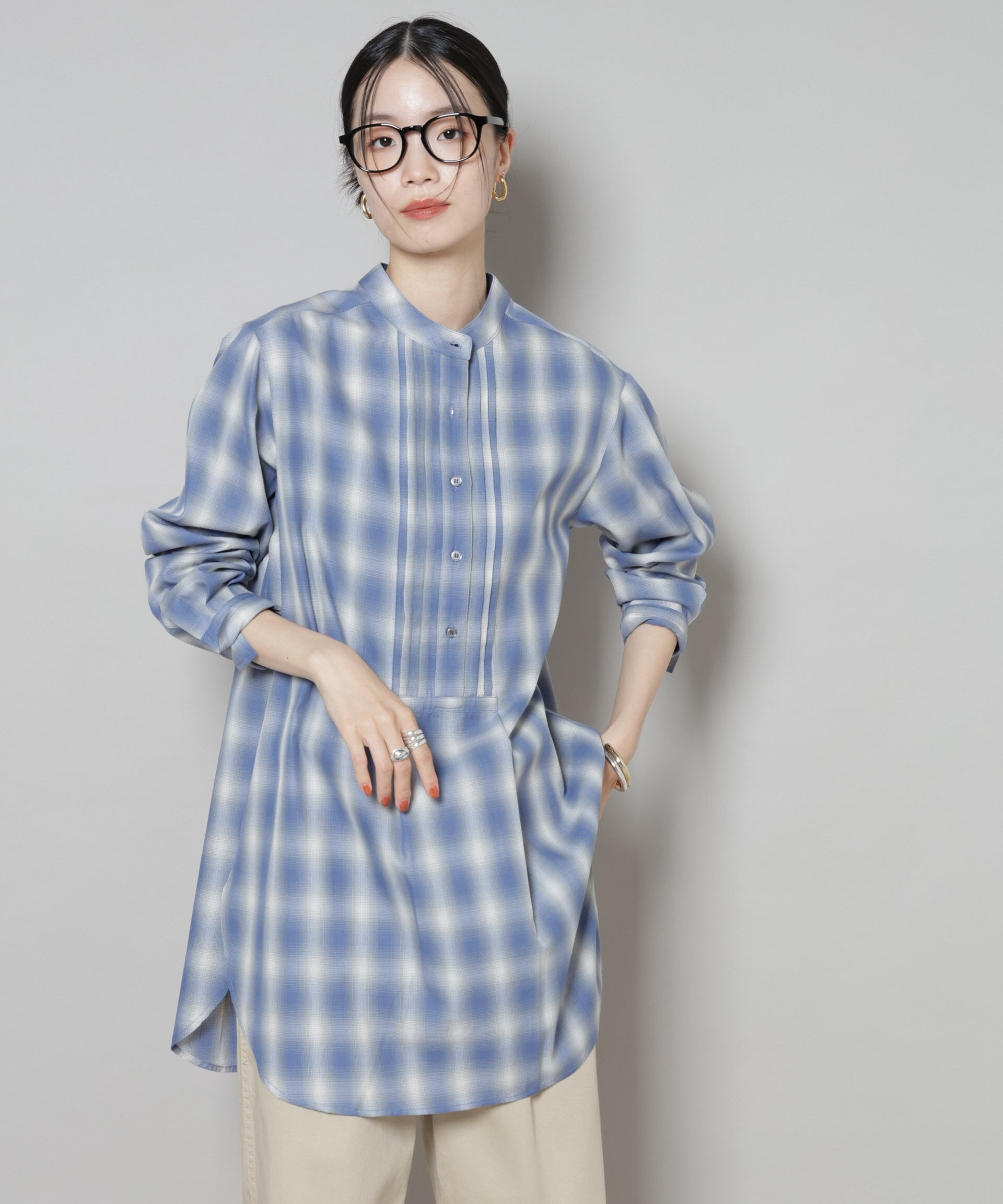 nano･universe「ピンタックデザインチェックプルオーバーブラウス」|シャツ・ブラウス|ブルー