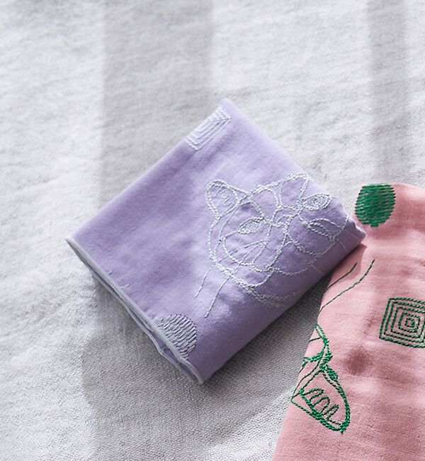 collex「【＋HAyU fabric】 ダブルガーゼ 猫刺繍ハンカチ 綿100%」|ハンカチ|パープル