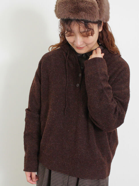 Samansa Mos2「フード付きヘンリーネックニット」|ニット・セーター|ダークブラウン
