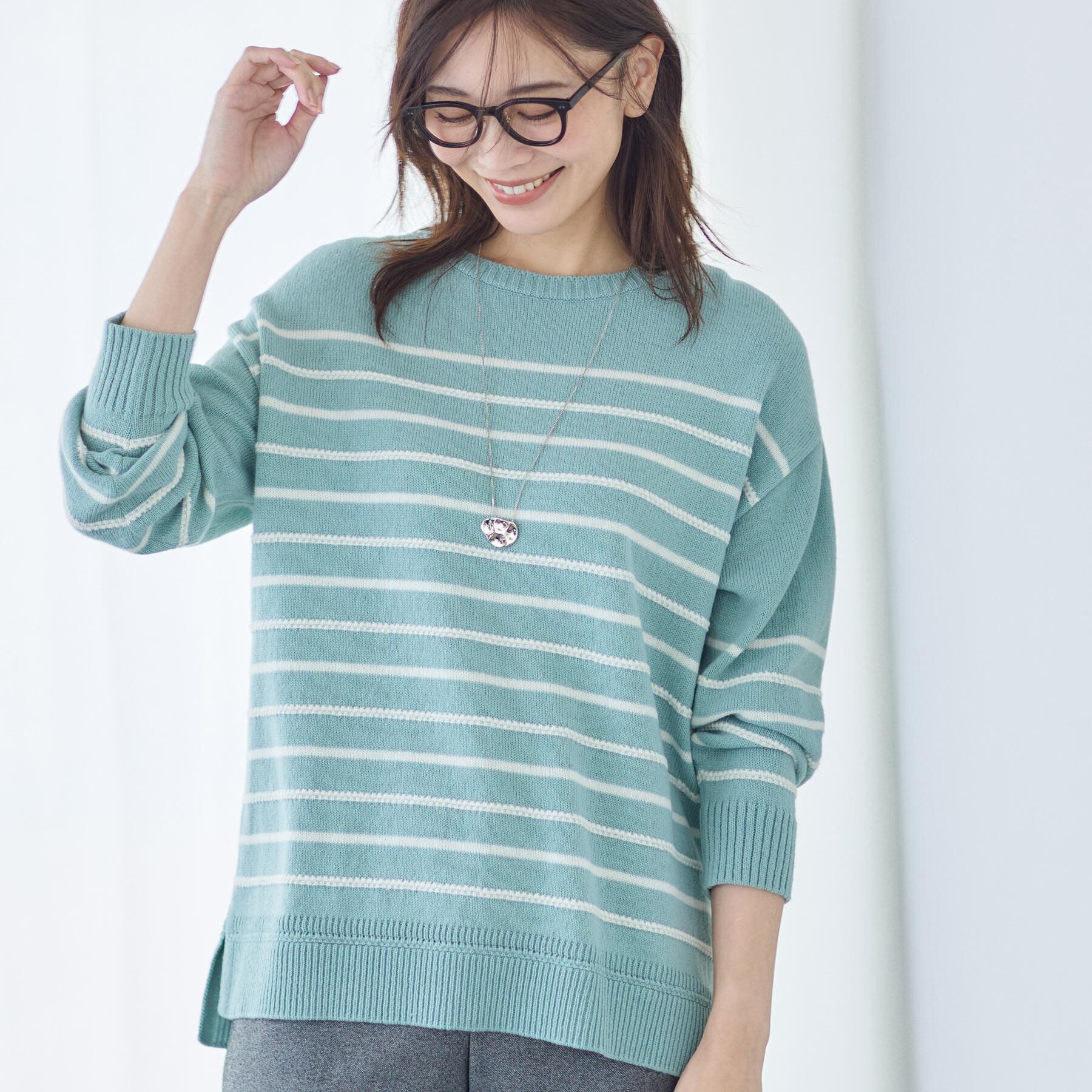 Reflect「【ゆったり着られる◎】ボートネックボーダーニット」|ニット・セーター|ミントグリーン(32