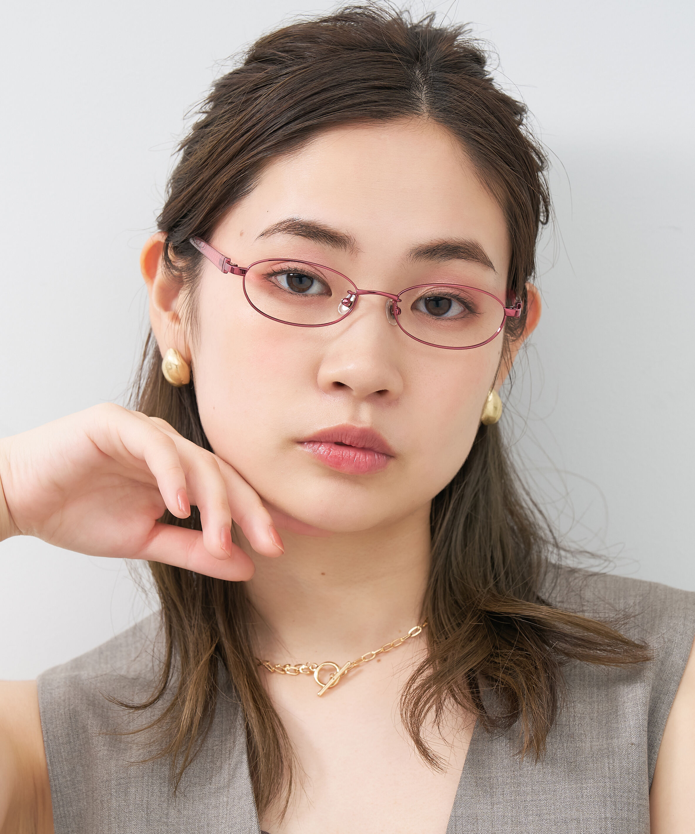  「【アウトレット価格】オーバル型 メガネ｜メタル&times;プラスチック ドット柄 水玉 可愛い レンズ交換券付き」|メガネ|ピンク