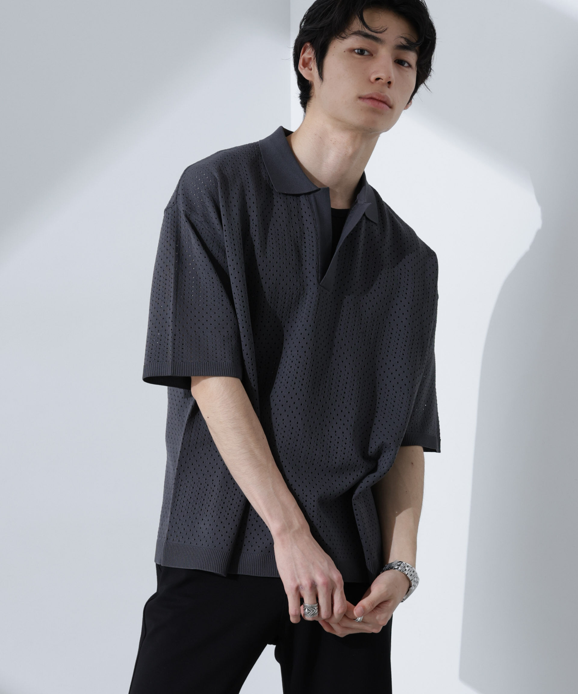 nano･universe「スキッパーテックニットポロシャツ/半袖」|ニット・セーター|