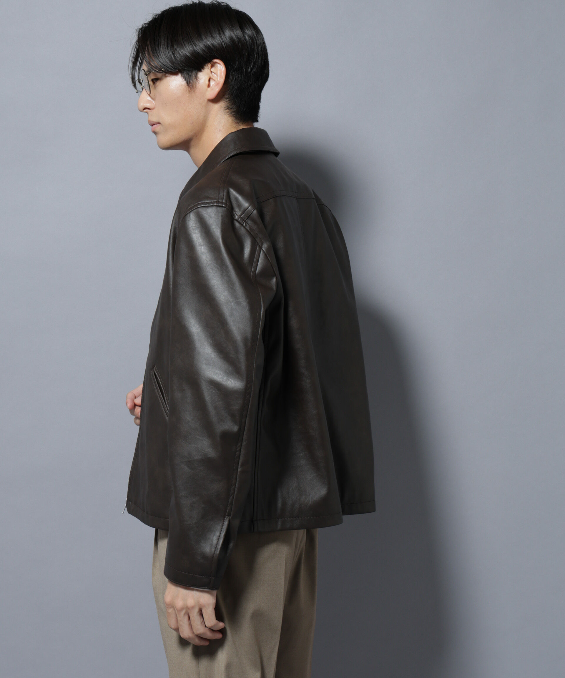 nano･universe「ヴィンテージライクフェイクレザー スポーツジャケット」|ブルゾン・スタジャン|