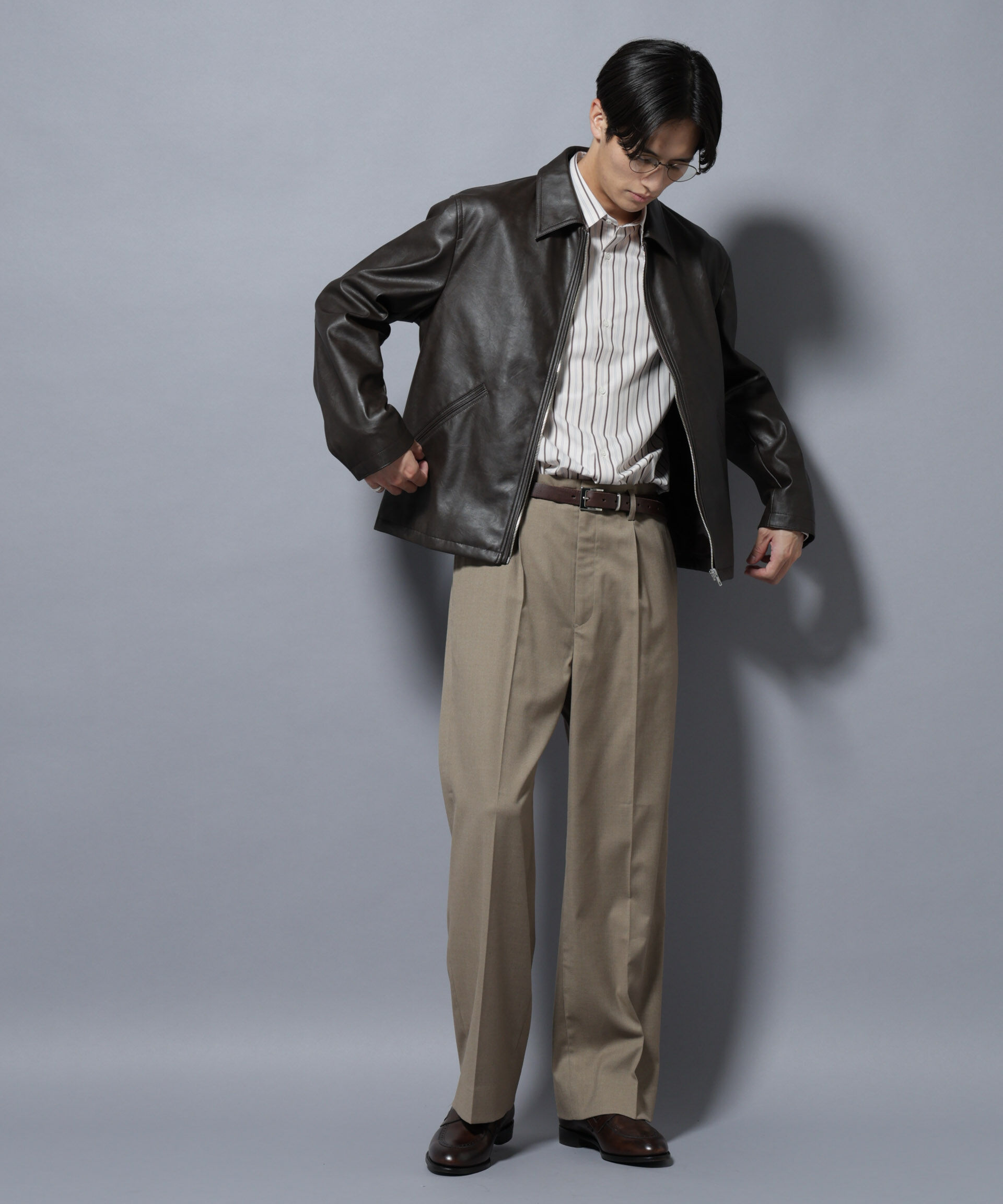 nano･universe「ヴィンテージライクフェイクレザー スポーツジャケット」|ブルゾン・スタジャン|