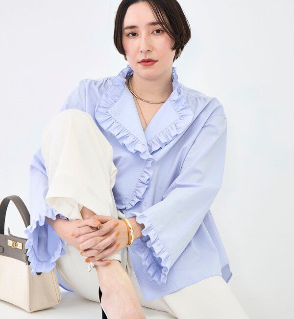 NOLLEY'S sophi「ウォッシャブルORGANICコットンフリルシャツブラウス」|シャツ・ブラウス|サックス