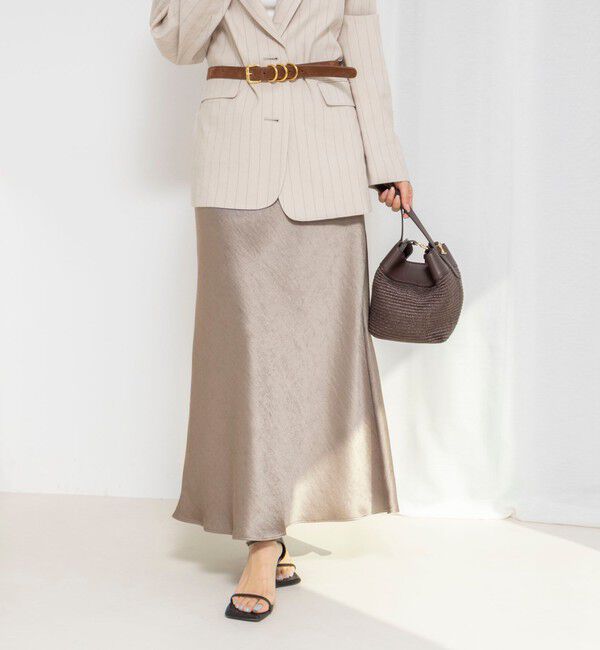 NOLLEY'S「ウォッシャブルサテンナロースカート」|フレア|カーキ
