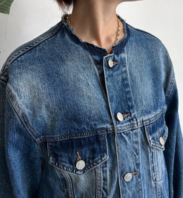  「【WEB限定】ノーカラーデニムジャケット」|ブルゾン・スタジャン|