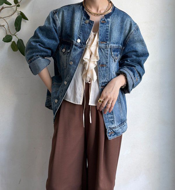  「【WEB限定】ノーカラーデニムジャケット」|ブルゾン・スタジャン|