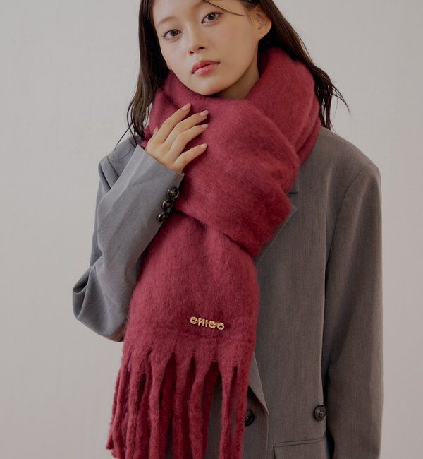  「ブローチ付きフリンジストールマフラー」|マフラー|レッド