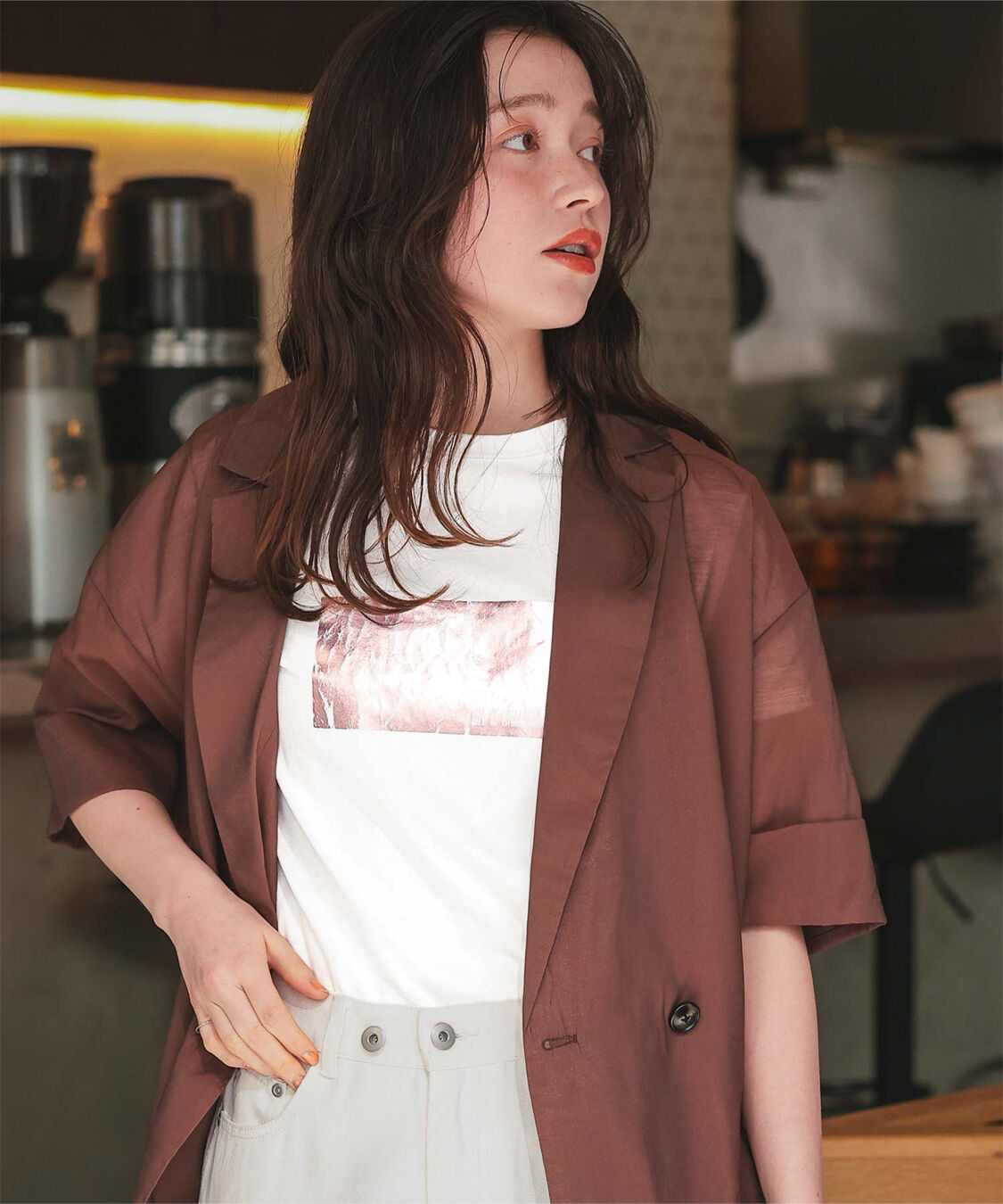 titivate「箔プリントコンパクトTシャツ」|Tシャツ・カットソー|オフホワイト/ピンク