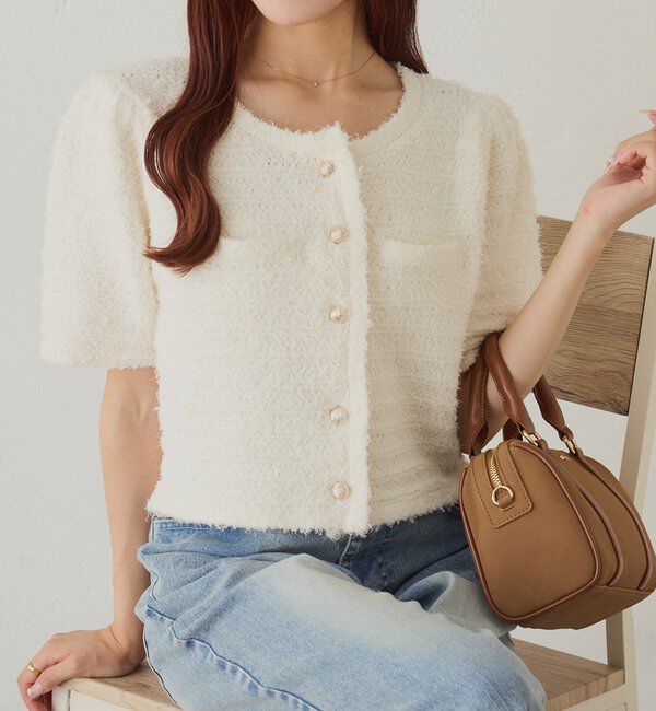  「【WEB限定】ゴールドボタン半袖ツイード風カーディガン」|ニット・セーター|オフホワイト