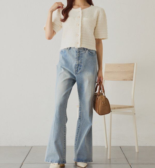  「【WEB限定】ゴールドボタン半袖ツイード風カーディガン」|ニット・セーター|