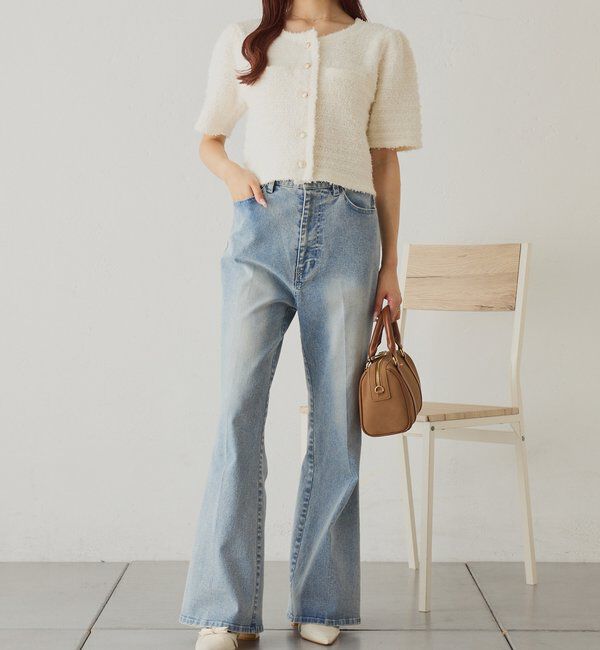  「【WEB限定】ゴールドボタン半袖ツイード風カーディガン」|ニット・セーター|