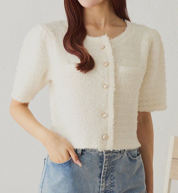  「【WEB限定】ゴールドボタン半袖ツイード風カーディガン」|ニット・セーター|