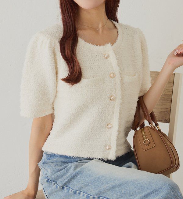 「【WEB限定】ゴールドボタン半袖ツイード風カーディガン」|ニット・セーター|