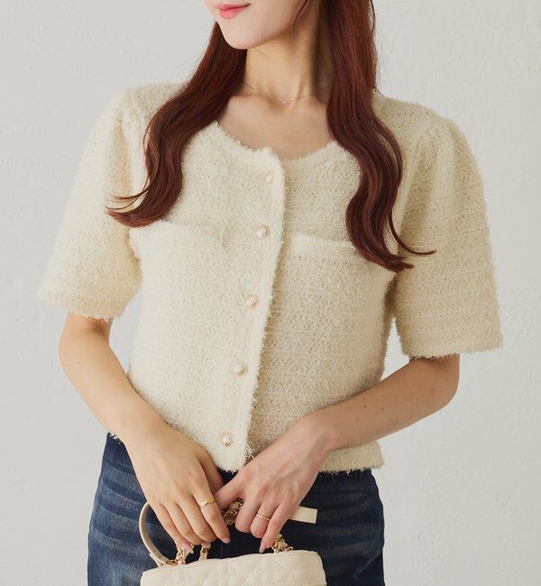  「【WEB限定】ゴールドボタン半袖ツイード風カーディガン」|ニット・セーター|