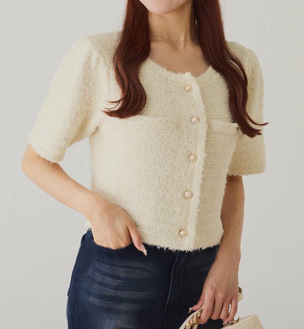  「【WEB限定】ゴールドボタン半袖ツイード風カーディガン」|ニット・セーター|