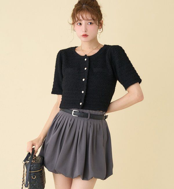  「【WEB限定】ゴールドボタン半袖ツイード風カーディガン」|ニット・セーター|