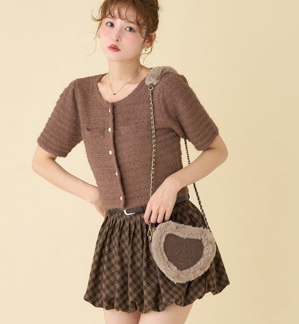  「【WEB限定】ゴールドボタン半袖ツイード風カーディガン」|ニット・セーター|ブラウン