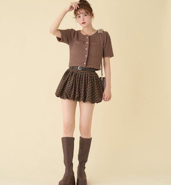  「【WEB限定】ゴールドボタン半袖ツイード風カーディガン」|ニット・セーター|