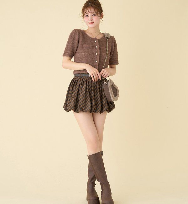 「【WEB限定】ゴールドボタン半袖ツイード風カーディガン」|ニット・セーター|