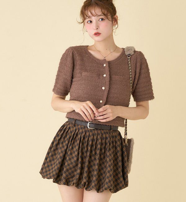  「【WEB限定】ゴールドボタン半袖ツイード風カーディガン」|ニット・セーター|