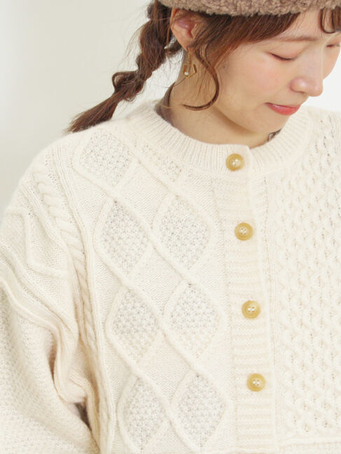 Samansa Mos2「パッチワークケーブル前後2WAYニット」|カーディガン|
