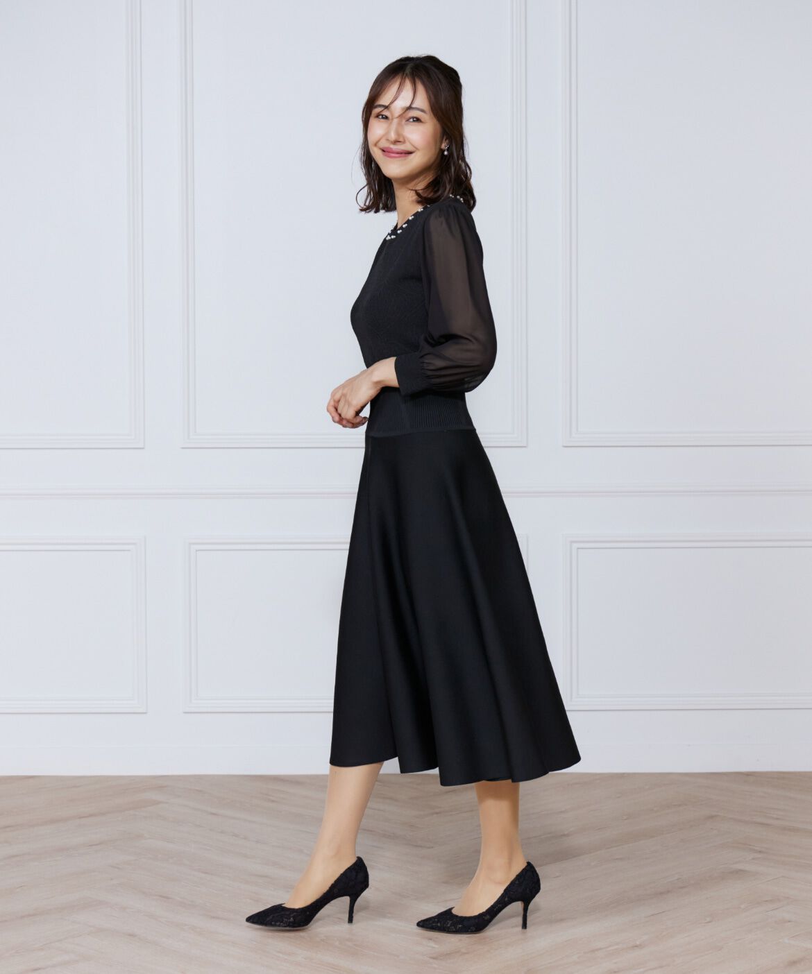 ef-de Black「ジャガードニット袖シフォンワンピース」|ワンピース|