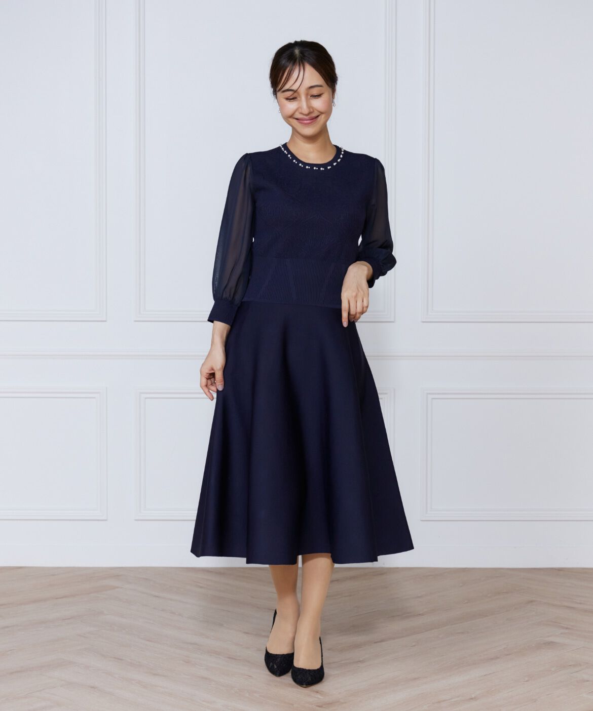 ef-de Black「ジャガードニット袖シフォンワンピース」|ワンピース|