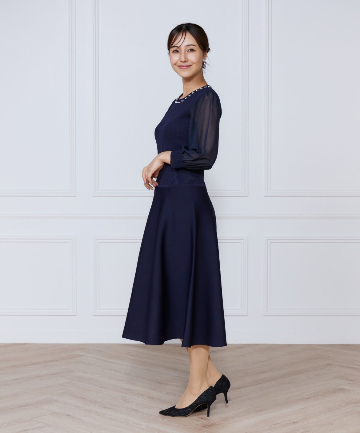 ef-de Black「ジャガードニット袖シフォンワンピース」|ワンピース|