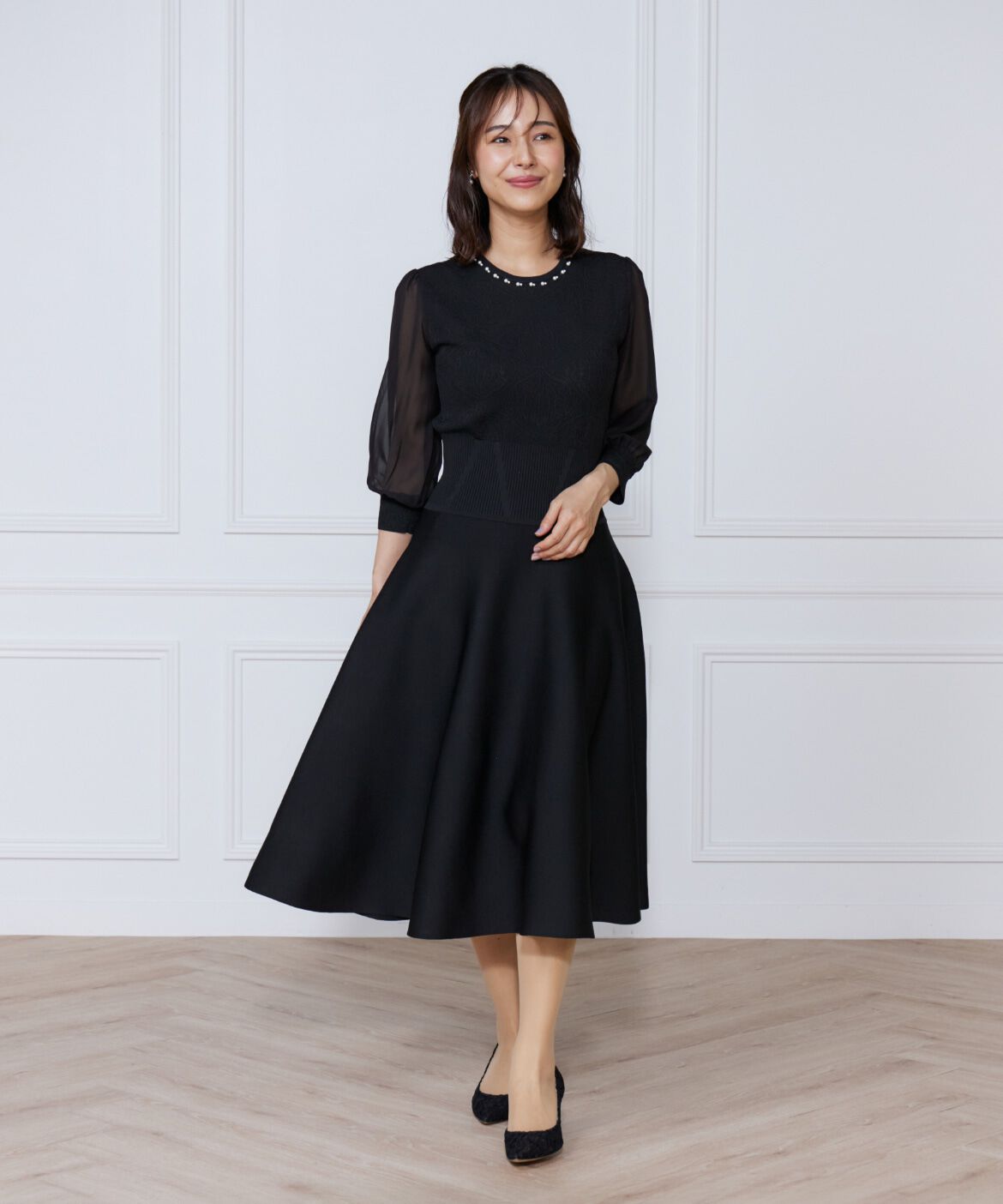 ef-de Black「ジャガードニット袖シフォンワンピース」|ワンピース|