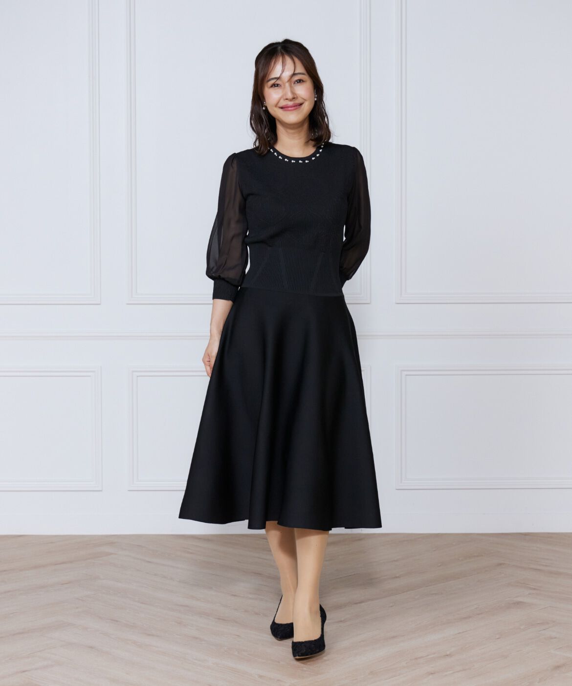 ef-de Black「ジャガードニット袖シフォンワンピース」|ワンピース|