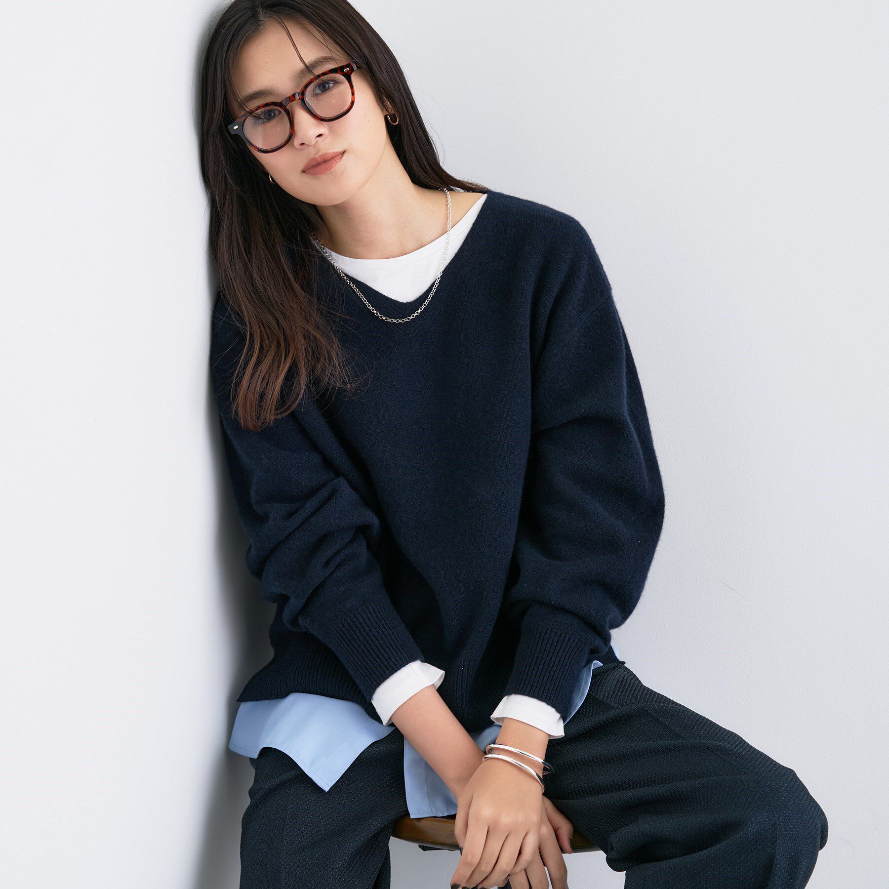 INDIVI「【洗える／カシミヤ混】ミドルゲージVネックニット」|ニット・セーター|