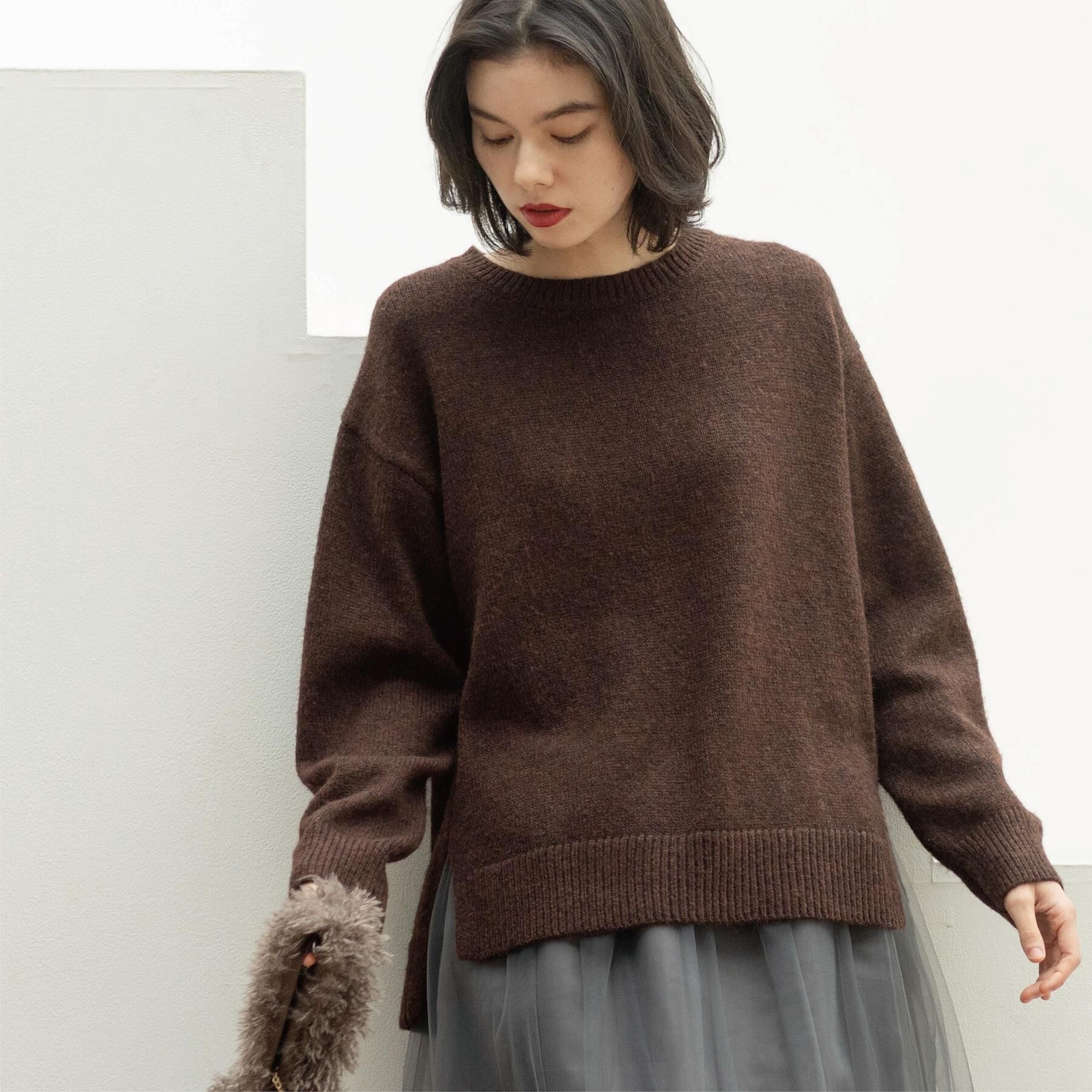 OPAQUE.CLIP「リラクシークルーネックニット【洗濯機OK】」|ニット・セーター|ブラウン(044)
