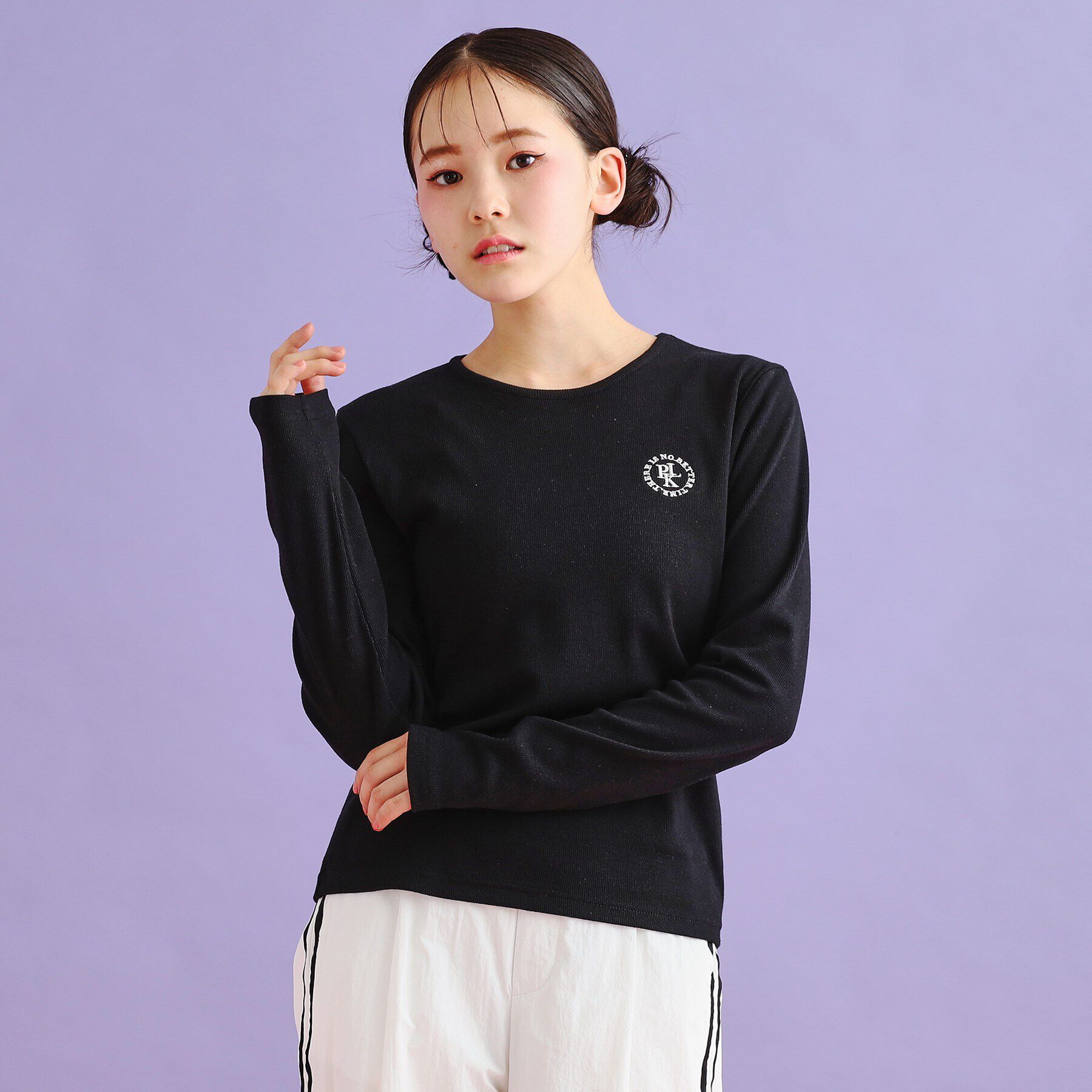 PINK-latte「シンプルテレコ長袖プルオーバー」|Tシャツ・カットソー|ブラック(019)