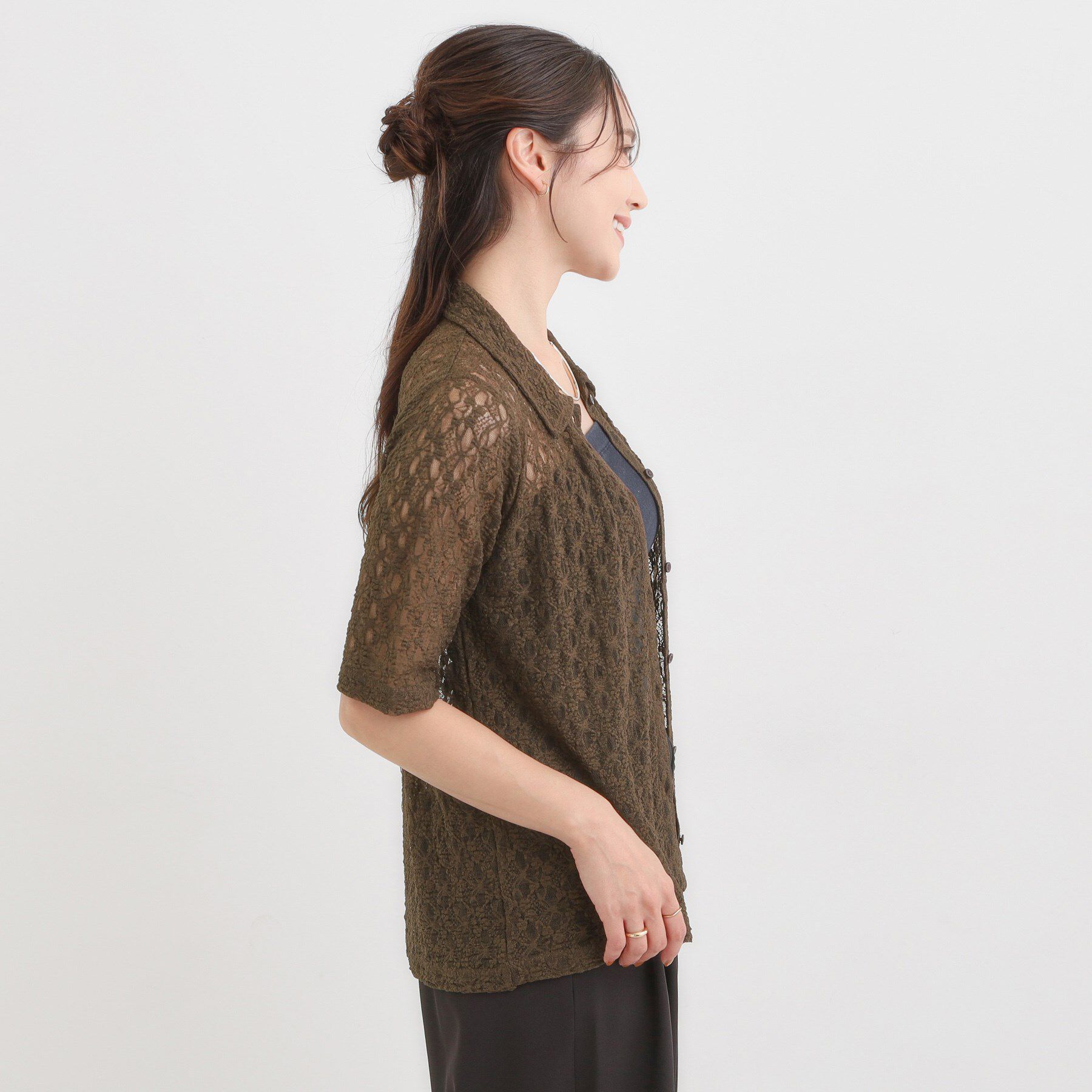 SHOO･LA･RUE「【S-LL/5分袖】大人の抜け感 襟付きレーストップス」|Tシャツ・カットソー|