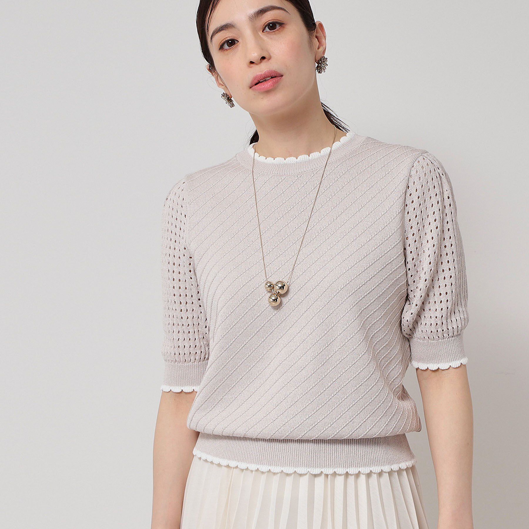 SunaUna「【SS～Lサイズ展開／5分袖】編地変化ニット」|ニット・セーター|ライトグレー(511