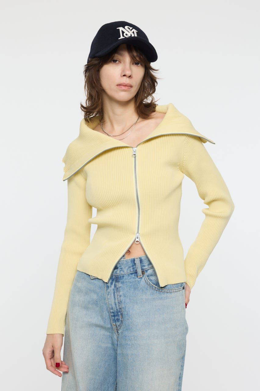 MOUSSY「BIG COLLAR ZIP UP ニットトップス」|ニット・セーター|L/YEL1