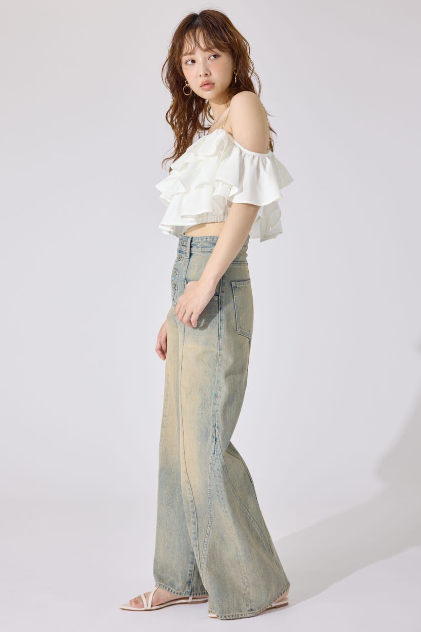 rienda「フロントボタンデザインハイウエストデニムパンツ」|デニム|