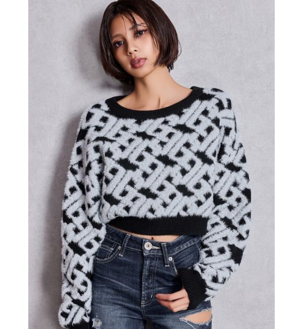 GYDA「GGチェーンロゴラメニットトップス」|ニット・セーター|ブラック