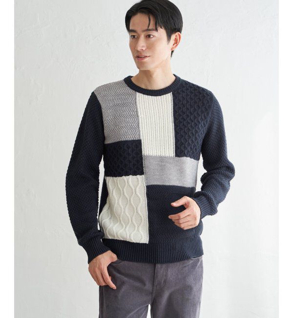 ikka「ブロックスクルーネックニット」|プルオーバー|ネイビーブルー
