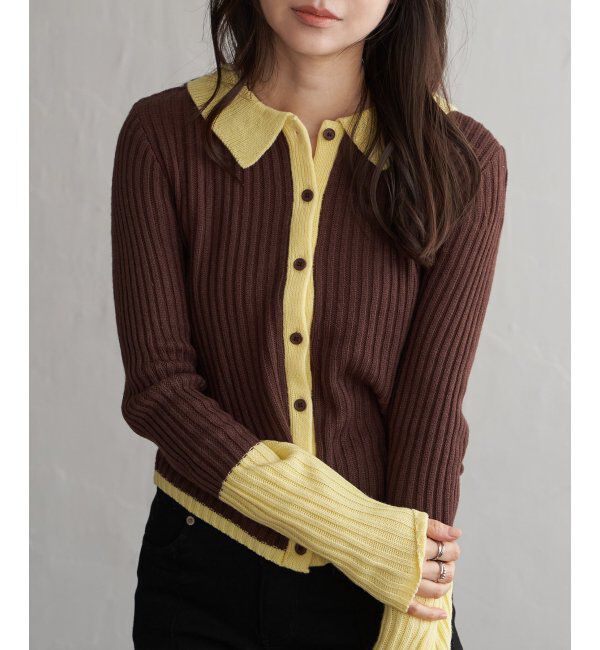 VENCE share style「バルキー7G配色ポロカーディガン」|カーディガン|ブラウン