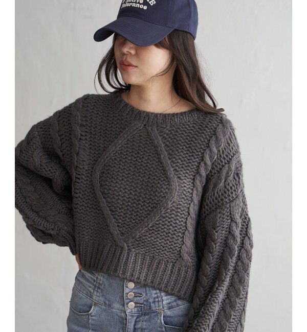 VENCE share style「ロービングケーブルショートプルオーバー」|ニット・セーター|チャコール