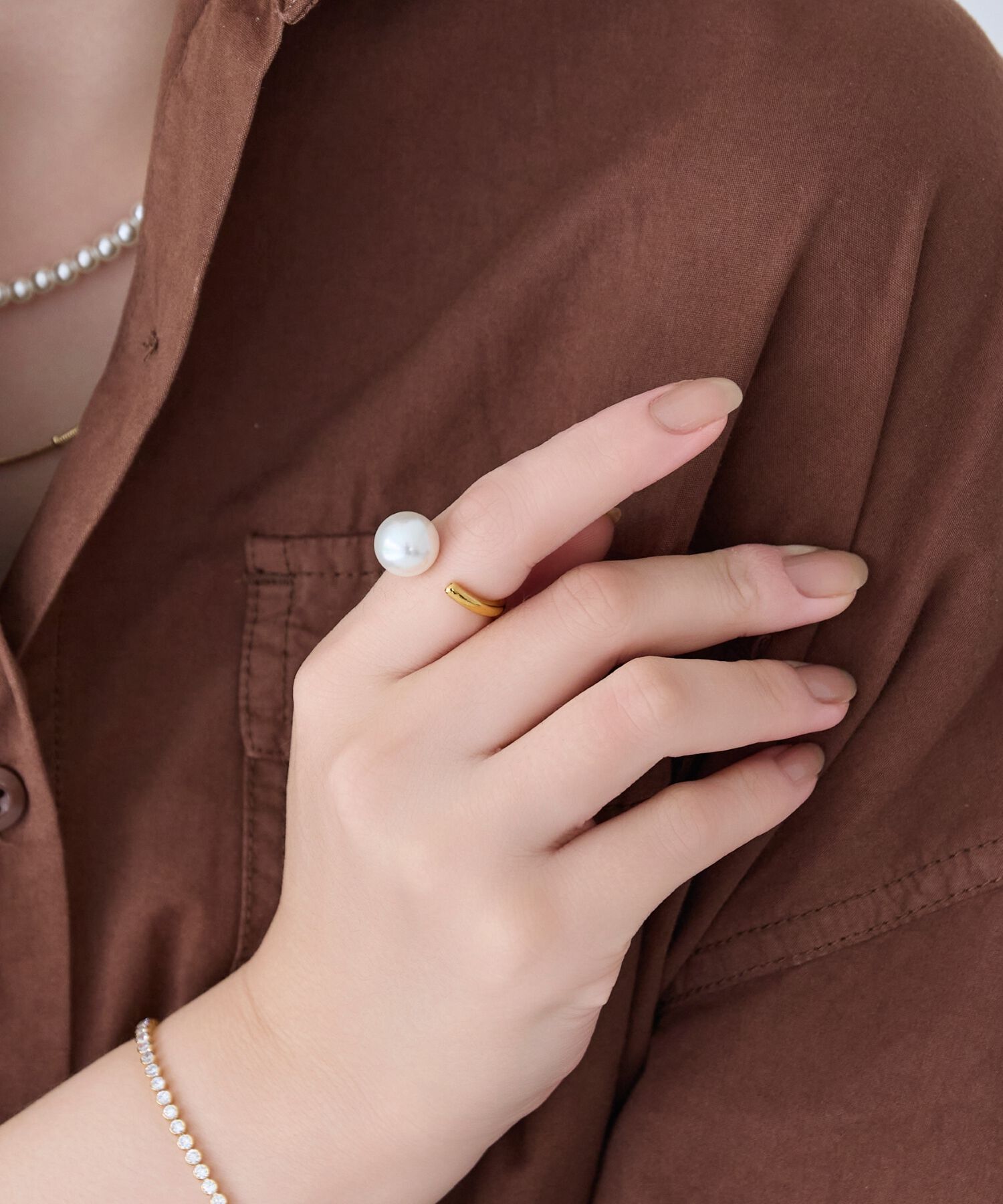 Phoebe「【金属アレルギー対応】パールオープンリング/ステンレス/大ぶり/存在感◎/主役級」|リング|