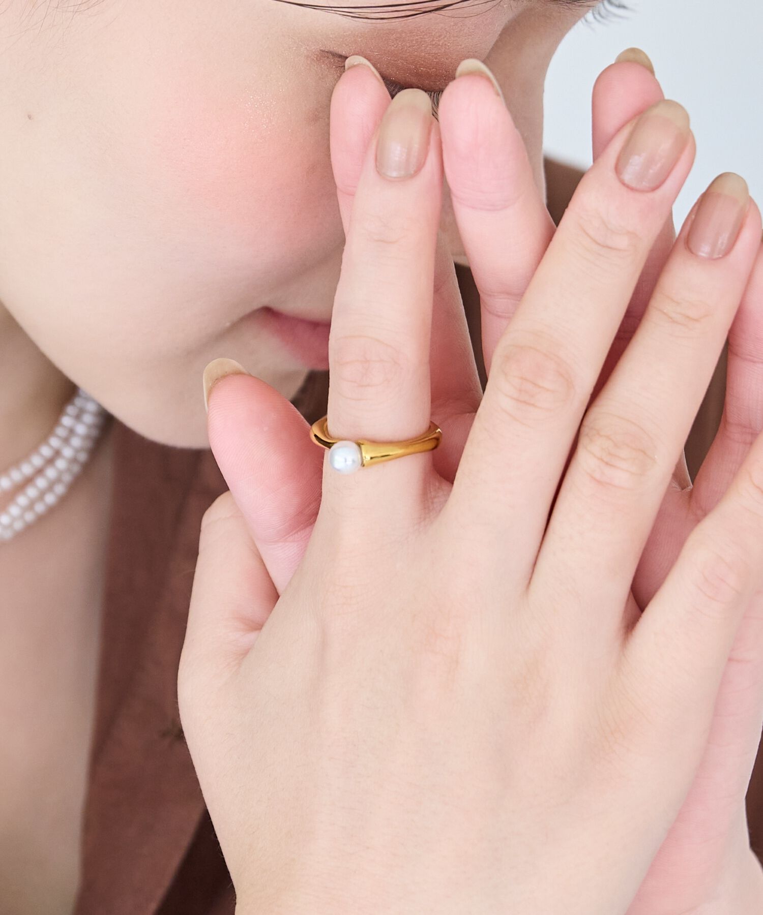 Phoebe「【金属アレルギー対応】ラスターフレームパールカフリング　ゴールド/ステンレス/大ぶり/主役級/変形」|リング|ゴールド