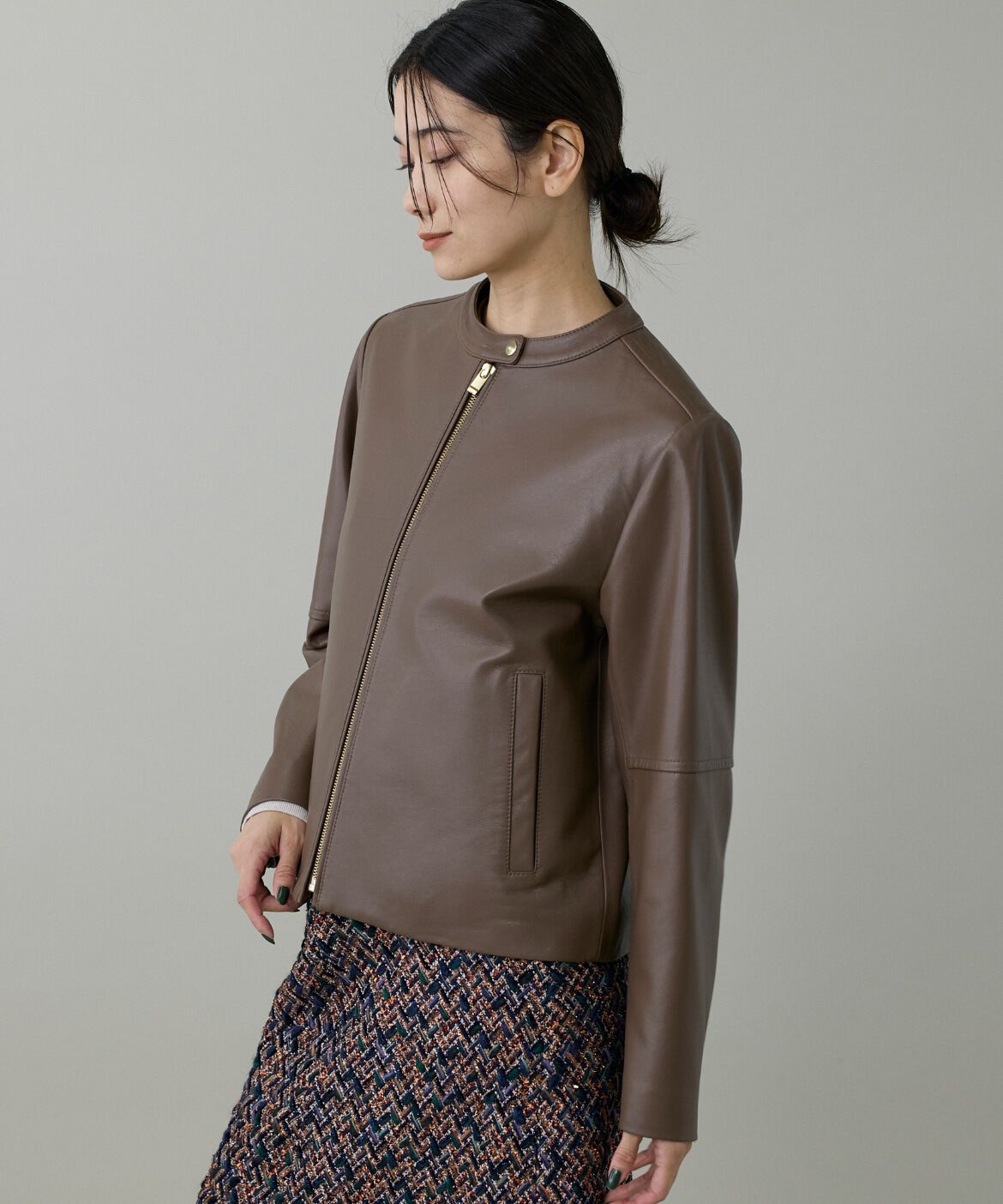 INED「ラムレザー ジップアップブルゾン」|ライダースジャケット|