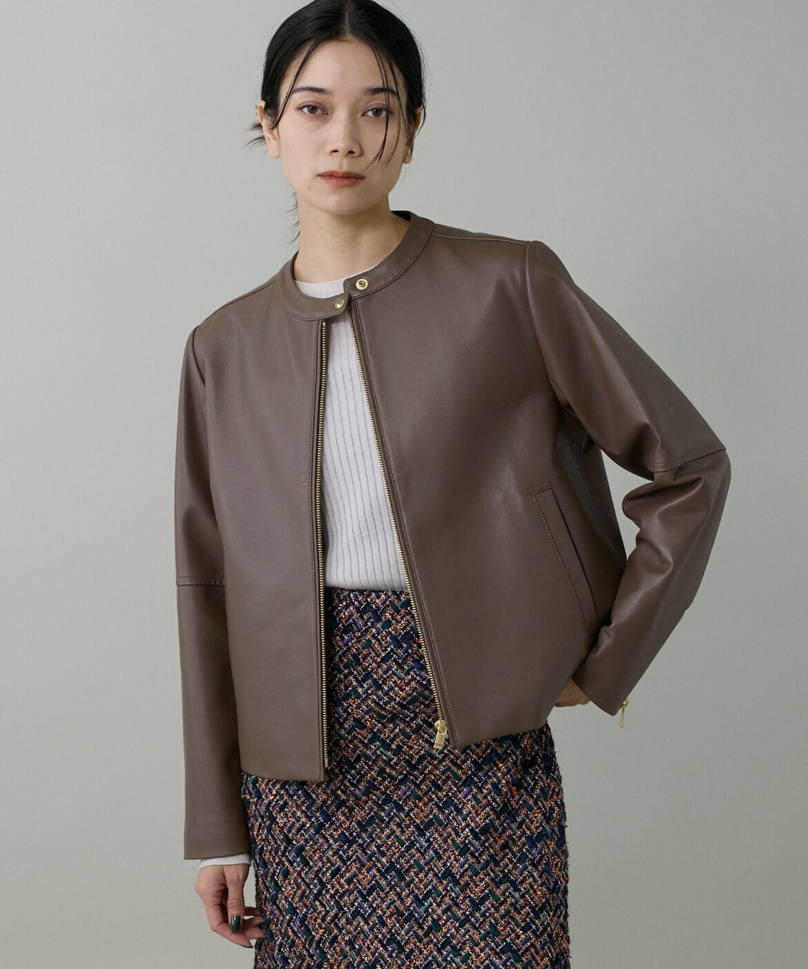 INED「ラムレザー ジップアップブルゾン」|ライダースジャケット|